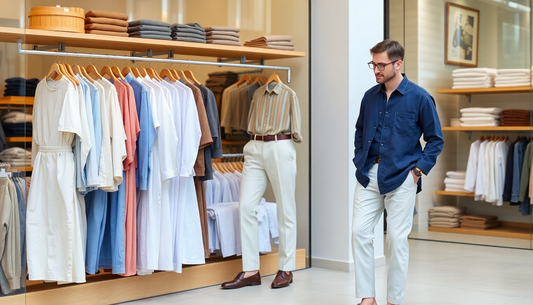 A man shopping online for linen trousers