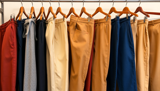 A variety of men's casual trousers displayed on hangers