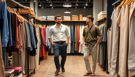 Men shopping for summer linen pants in a trendy store