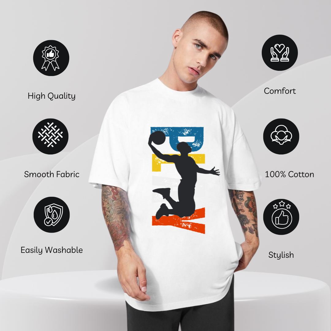 Hyraa Club white basketball graphic t-shirt with smooth fabric and comfortable 100 percent cotton