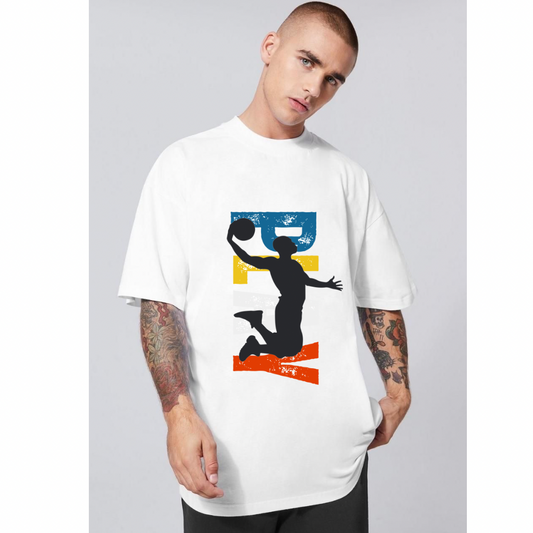 Hyraa Club white t-shirt featuring a colorful graphic of a basketball player jumping to shoot