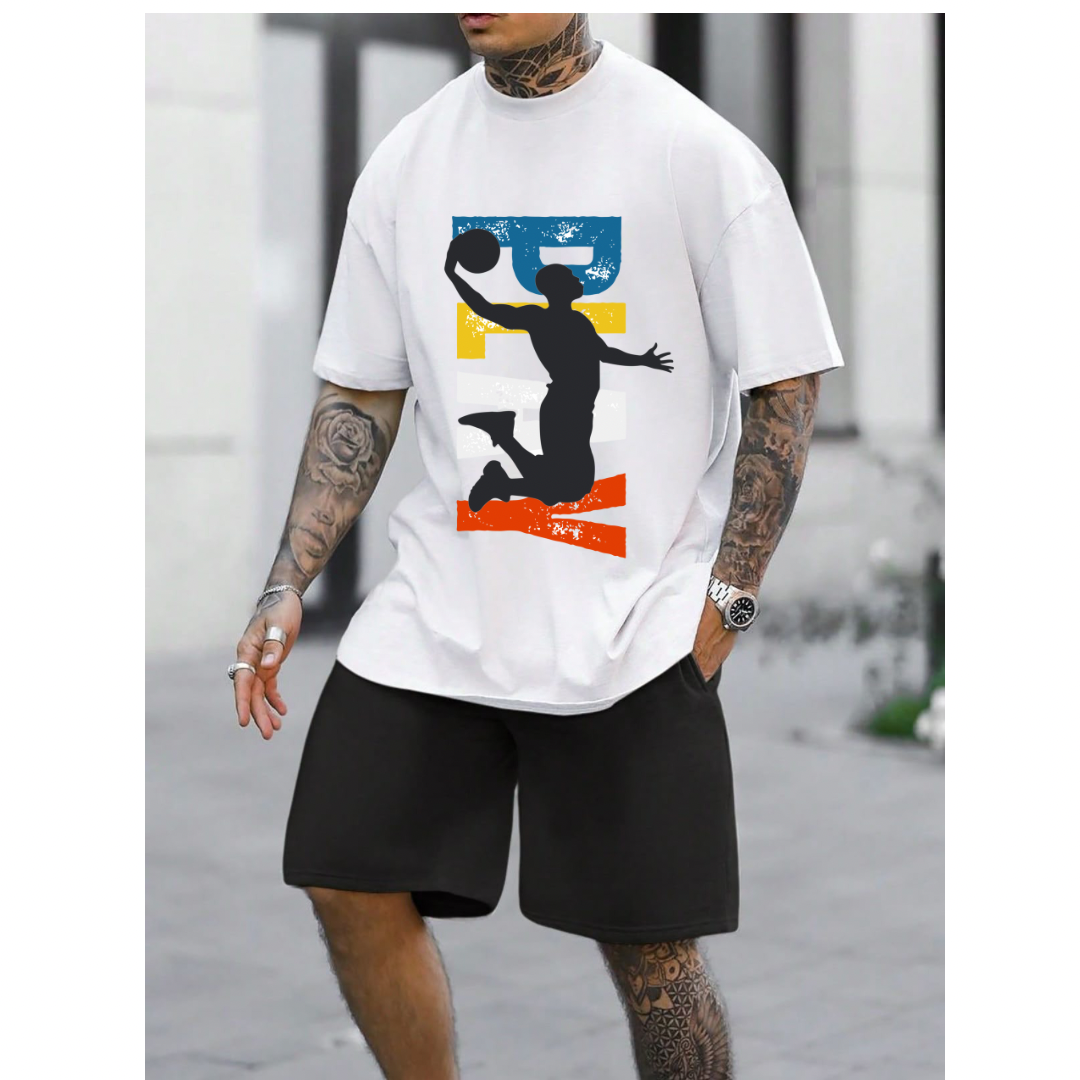 Hyraa Club white oversized t-shirt with colorful printed basketball player silhouette graphic
