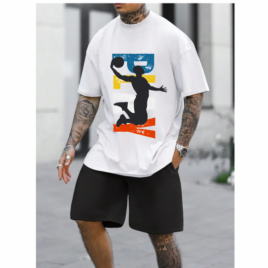 Hyraa Club white oversized t-shirt with colorful printed basketball player silhouette graphic