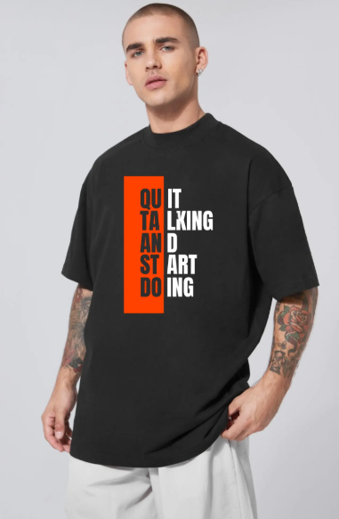 Hyraa Club black Oversized Tshirt with bold graphic text design worn by male model