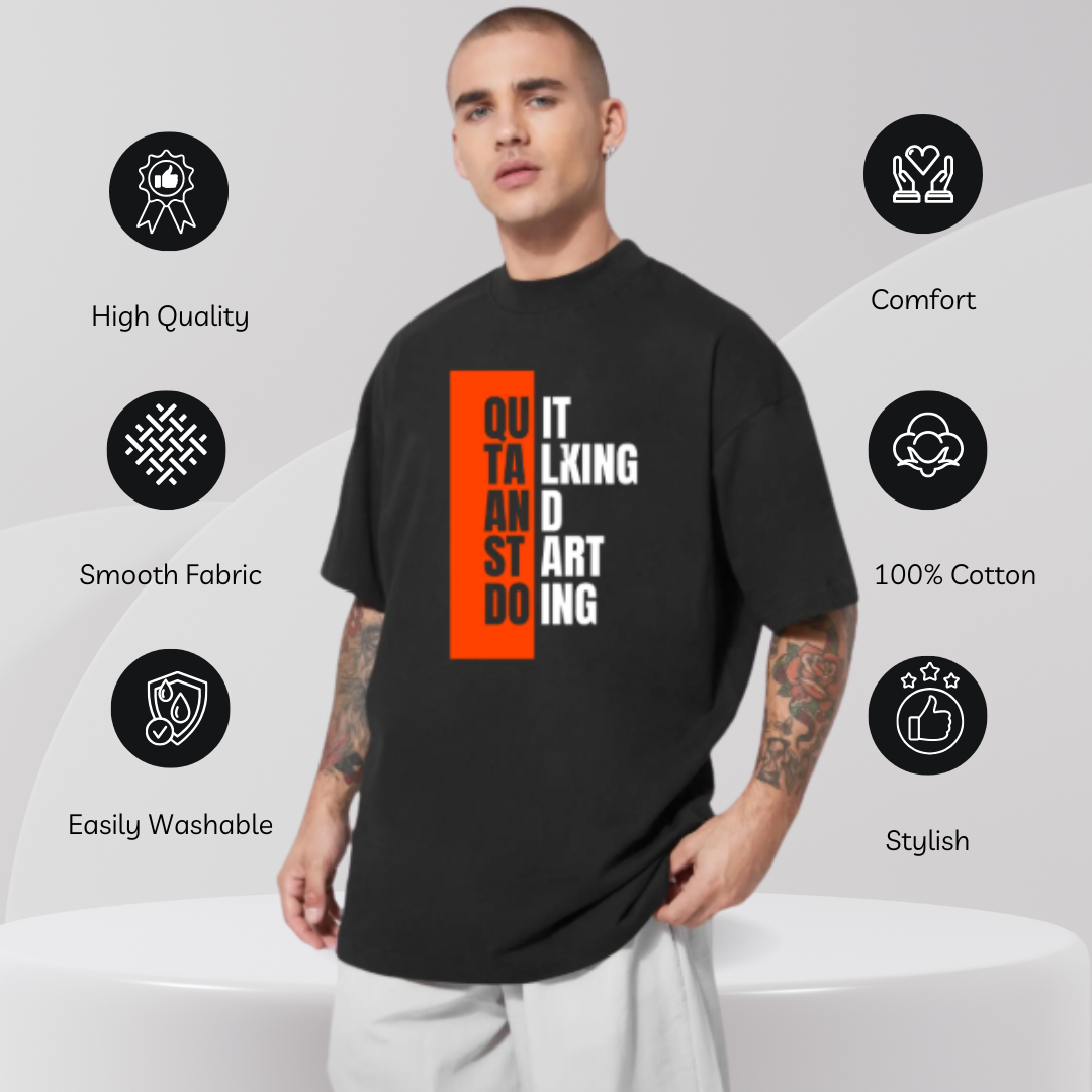 Hyraa Club black oversized tshirt with bold graphic text design worn by tattooed male model