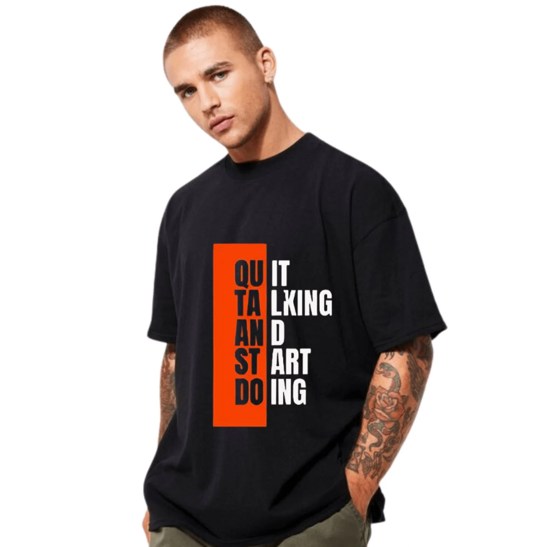 Hyraa Club black oversized tshirt with bold red and white graphic text design worn by tattooed male model