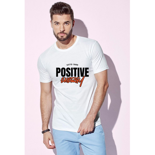 Hyraa Club white Tshirts for men with Positive Energy graphic design worn by male model
