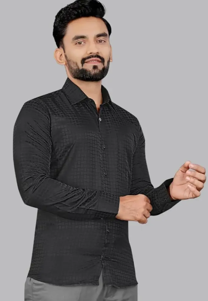 Hyraa Club black textured formal shirts for men with long sleeves and button closure