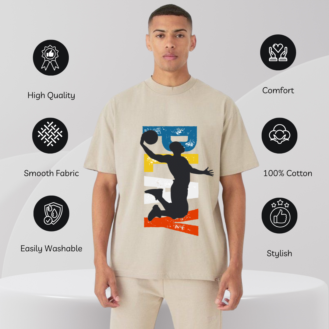 Hyraa Club beige basketball graphic t-shirt made of 100 percent cotton with smooth fabric and comfortable fit