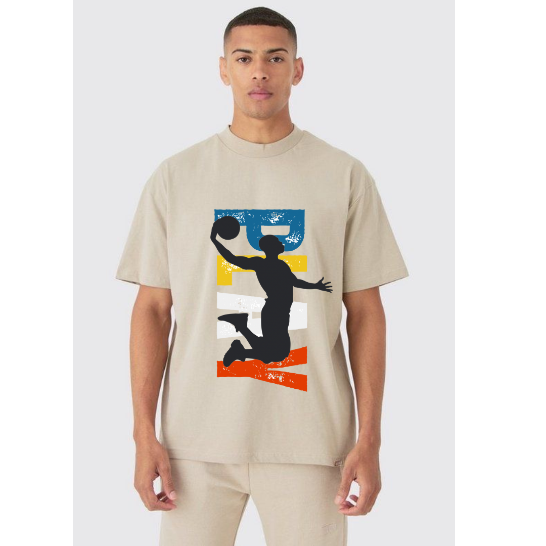 Hyraa Club beige graphic t-shirt featuring a silhouette of a basketball player jumping with ball