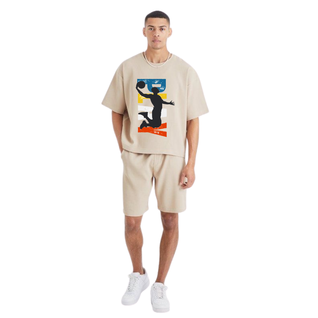 Hyraa Club beige casual shorts and matching t-shirt set with basketball graphic print