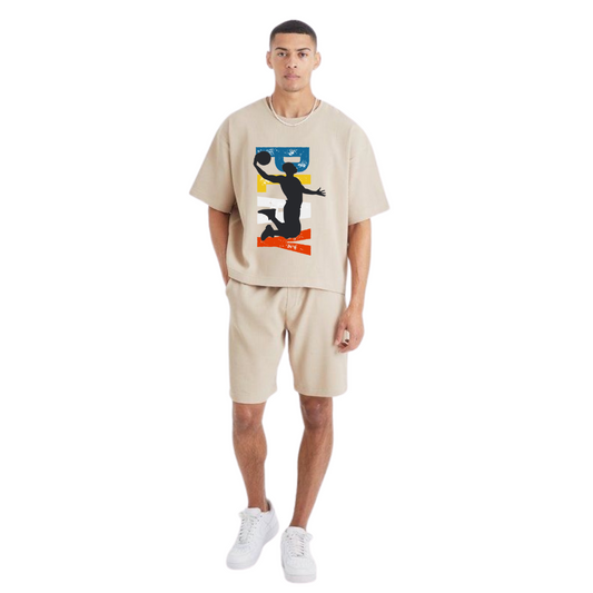 Hyraa Club beige casual shorts and matching t-shirt set with basketball graphic print